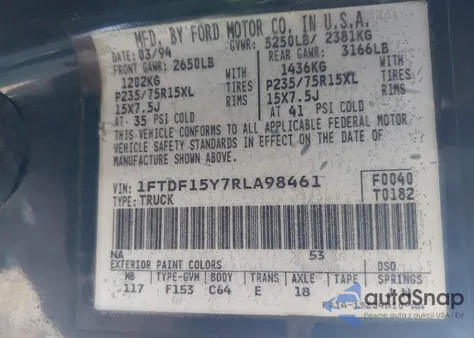 1994 Ford F150 z USA, uszkodzony, nr VIN 1FTDF15Y7RLA98461